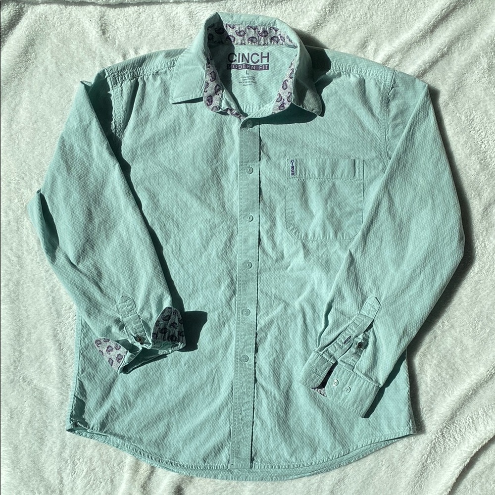 Cinch Green Casual Button Down Shirt with Purple Paisley Contrasting Collar